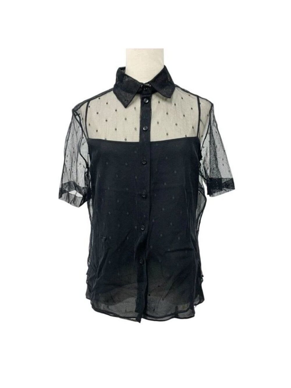 Christian Dior Top Lace Shirt Black Dot Pattern Short Sleeve